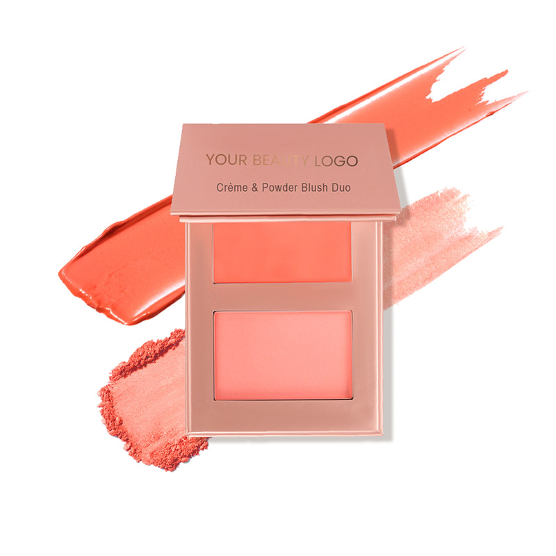 Private label crème and powder blush duo in coral shades with swatches, ideal for custom beauty brands.