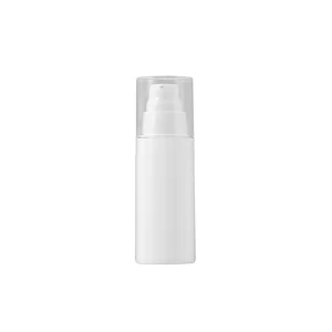 White pump bottle with clear cap for private label skincare serum or lotion, isolated on white background.
