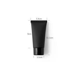 Matte black cosmetic squeeze tube with a glossy cap, measuring 11.1cm tall, 5.4cm wide, and 3.5cm cap width.