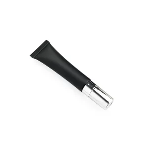 Sleek black squeeze tube with a silver metallic pump applicator for private label skincare, isolated on white.