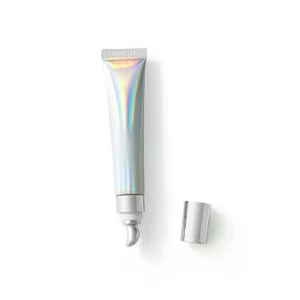 Holographic silver tube with a metal applicator tip for eye cream or serum, cap off, on white background.