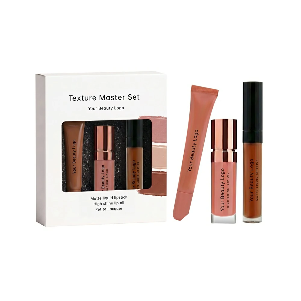 Texture Master Set of private label lip makeup: matte liquid lipstick, high shine lip oil, and petite lacquer in nude/brown shades, displayed in a white box and individually.