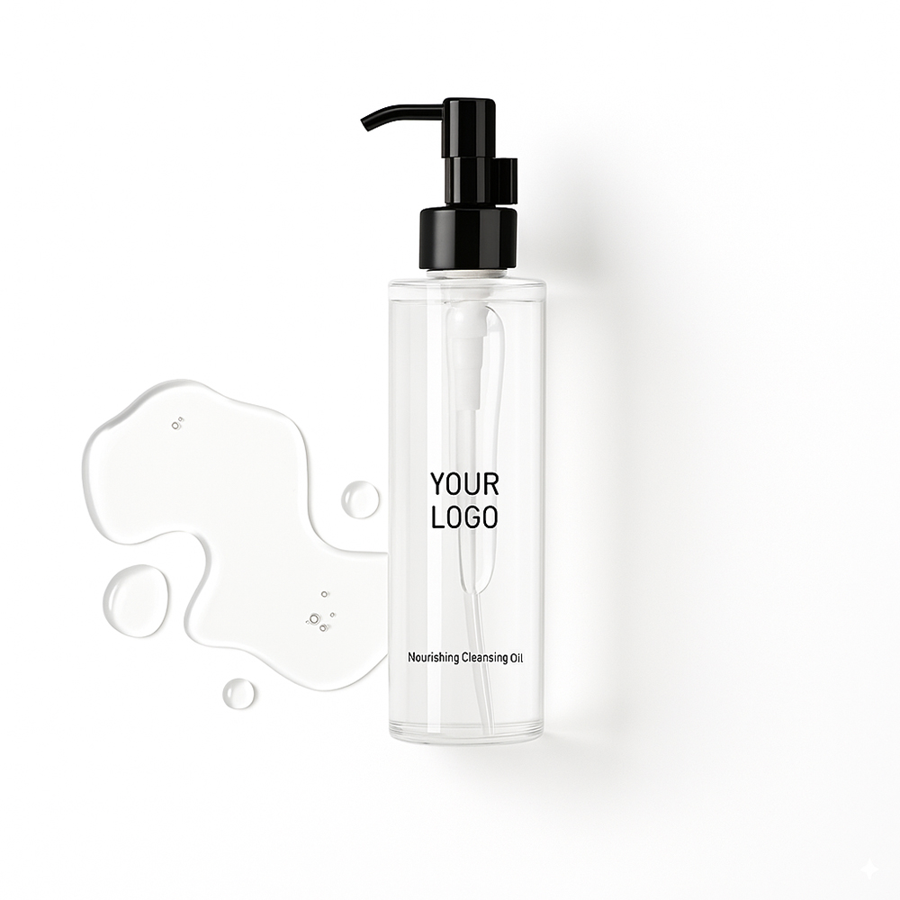 Clear bottle of nourishing cleansing oil with black pump, ready for private label branding, beside a liquid spill.