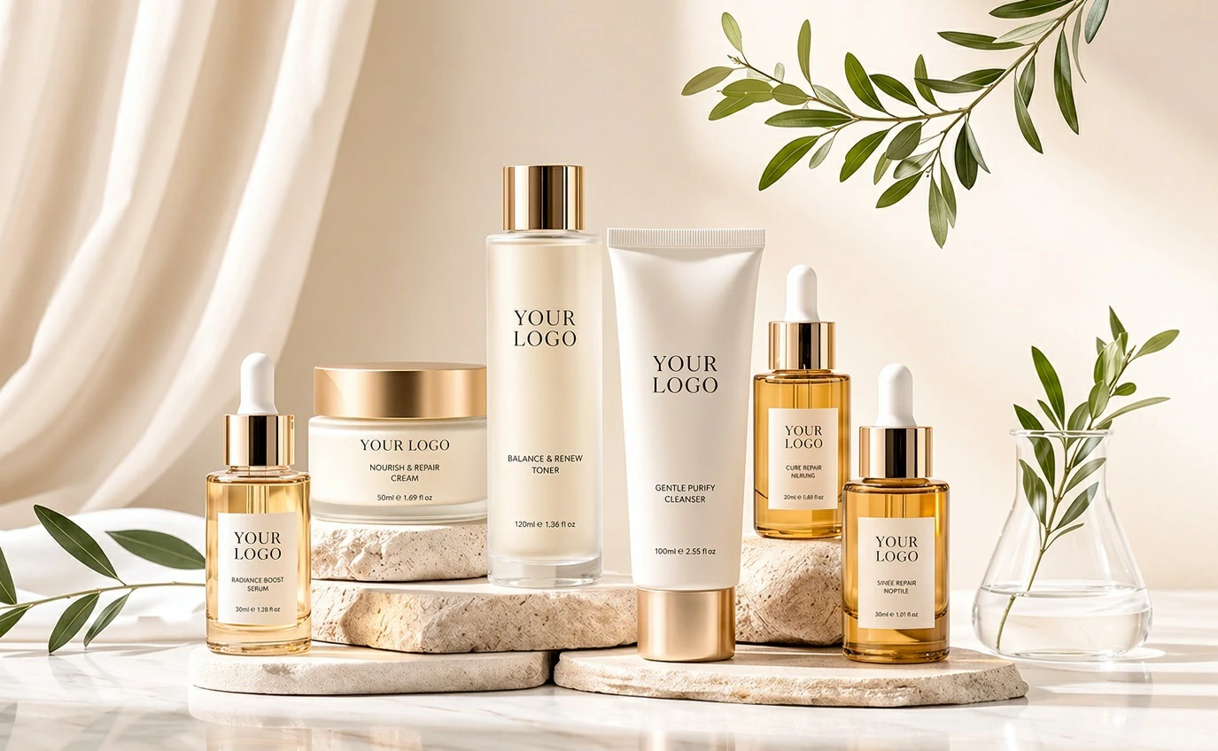 Aurora private label skincare products and packaging for beauty brand launch