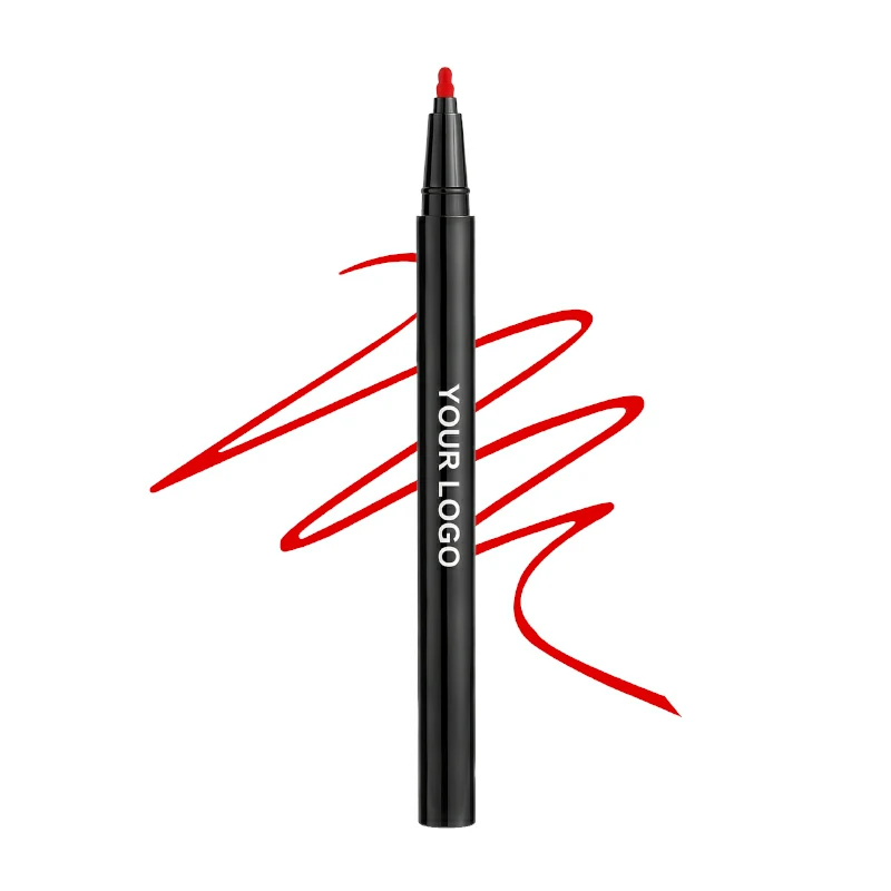 Black private label liquid lipliner pen with a red felt tip, creating vibrant red swatches, ready for custom branding.