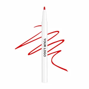 Private label red liquid lip liner or eyeliner pen with custom branding, shown with red swatches on white background.